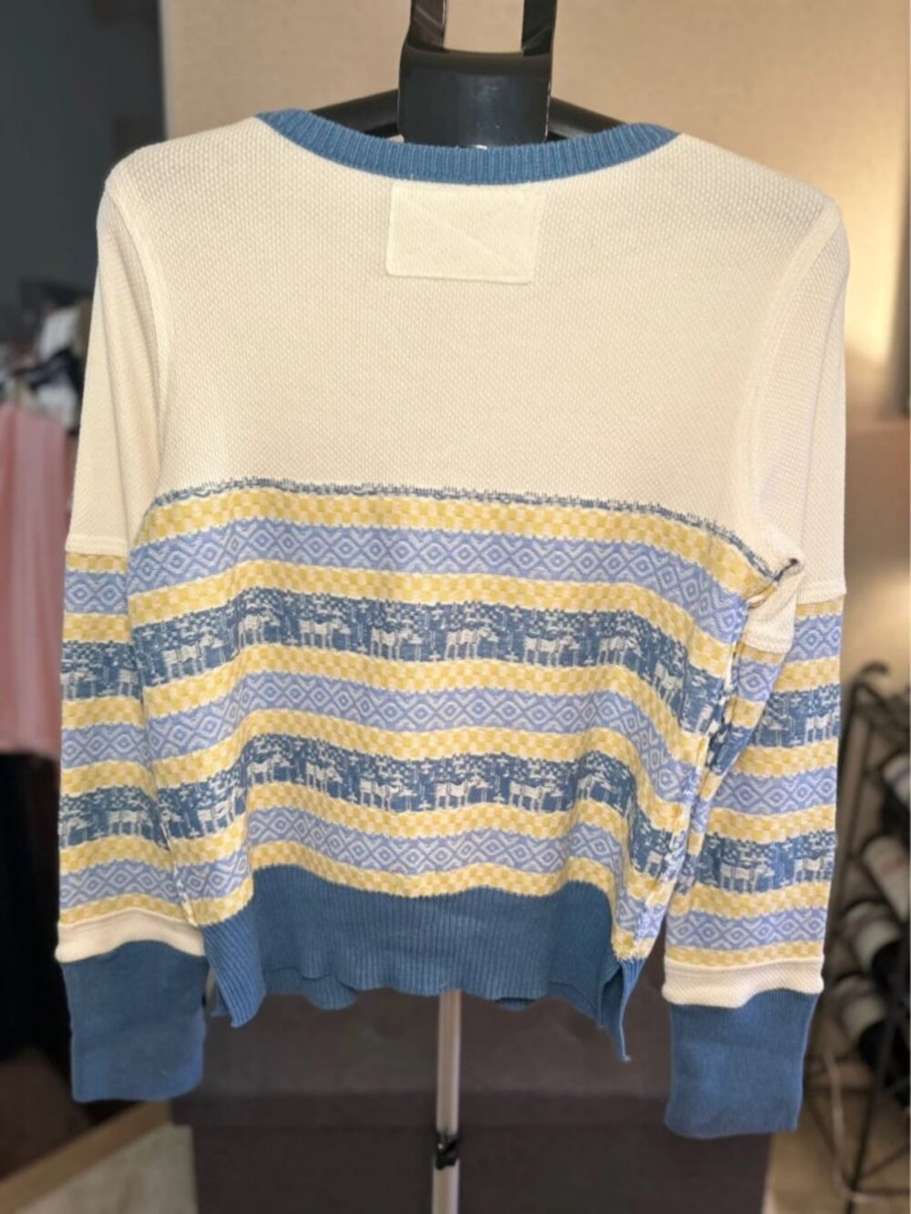Women’s Blue and Yellow Striped Henley Knit Sweater – Size L / US 12-14